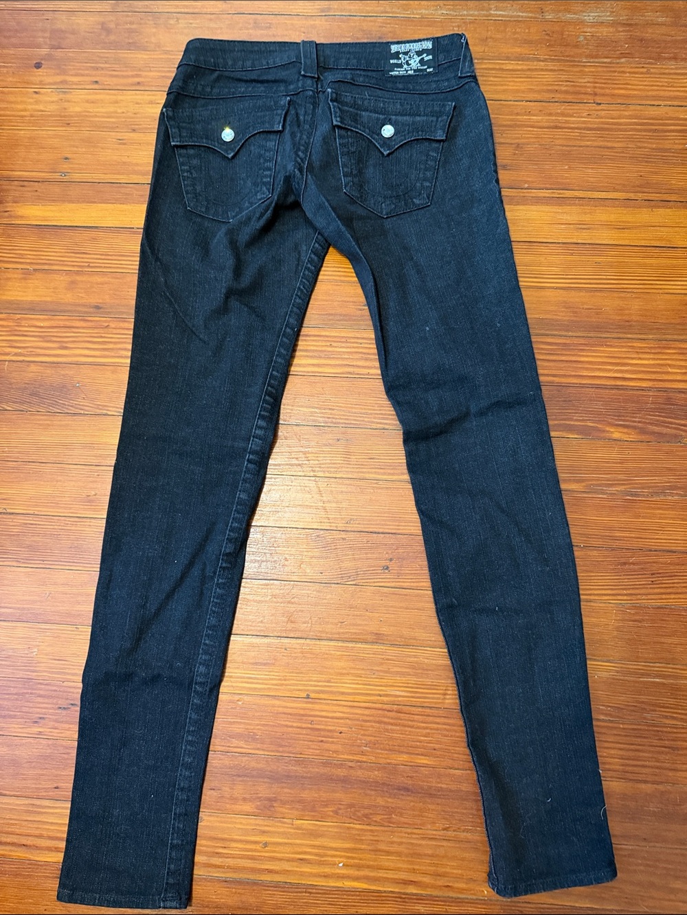 True Religion Women's Black Skinny Jeans with Back Flap Pocket Rhinestone Accent